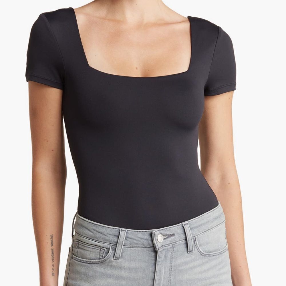 Flattering RDI Stacy Square Neck Black Nylon Spandex Bodysuit